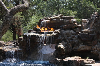 Luxury Swimming Pool Waterfall With Natural Gas Fire Feature Fire Coming Out Of Waterfall